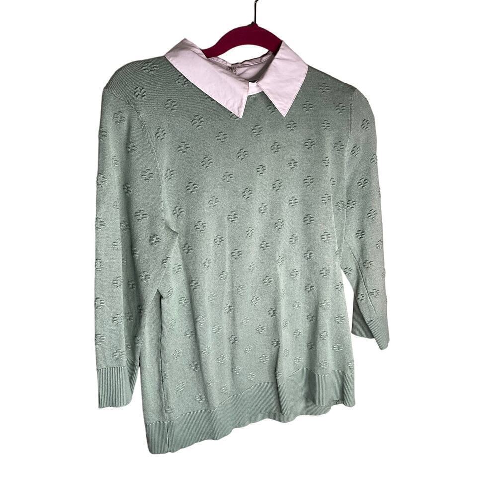 Cable & Gauge Sweater 3/4 Sleeves Peter Pan Collar Knit Green Womens Large‎ NWT